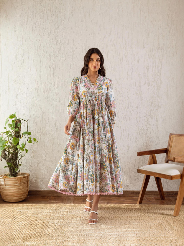 Olive Green Printed Bohemian Tiered Summer Maxi Dress