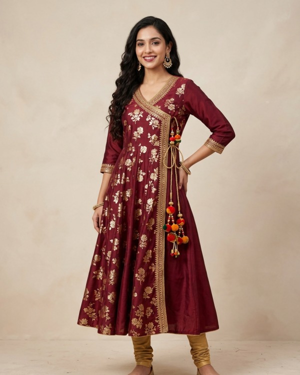 Burgundy Angrakha Style Flared Anarkali Kurti