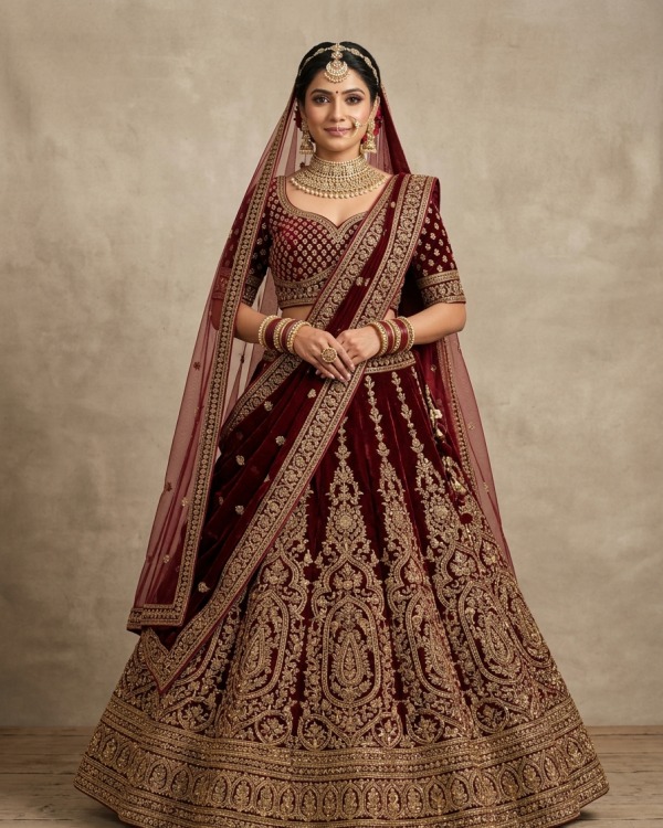 Maroon Velvet Regal Embroidered Bridal Lehenga Choli