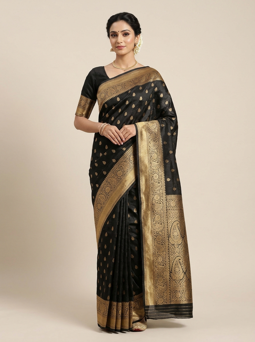 Black & Antique Gold Tussar Art Silk Saree