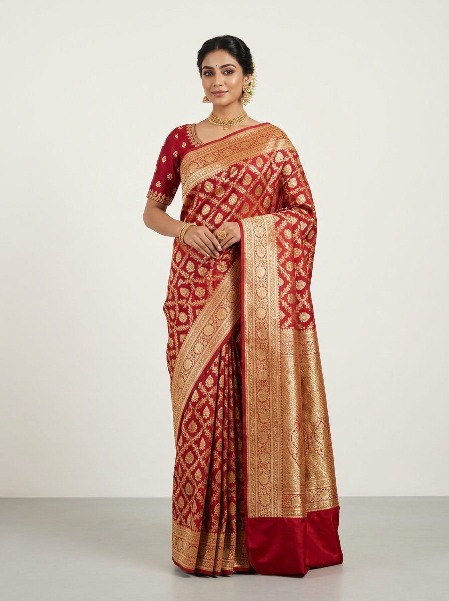 Crimson Red Handwoven Banarasi Silk Wedding Saree