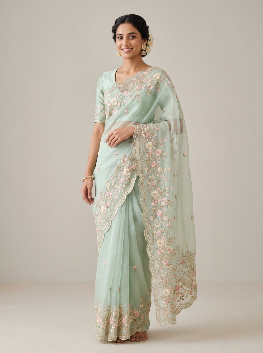 Mint Green Embroidered Floral Sheer Organza Saree