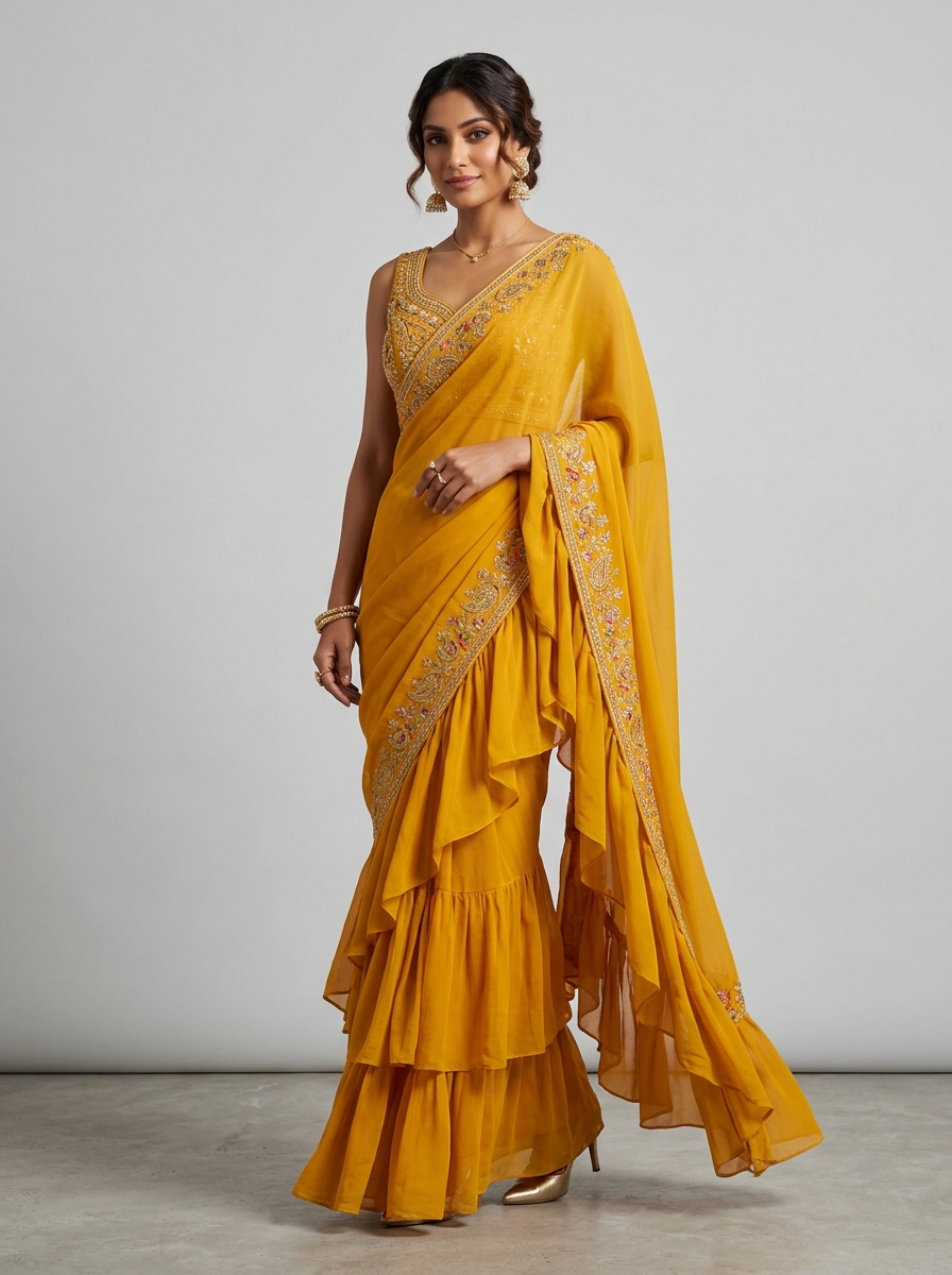 Marigold Mustard Ruffle Georgette Festive Saree