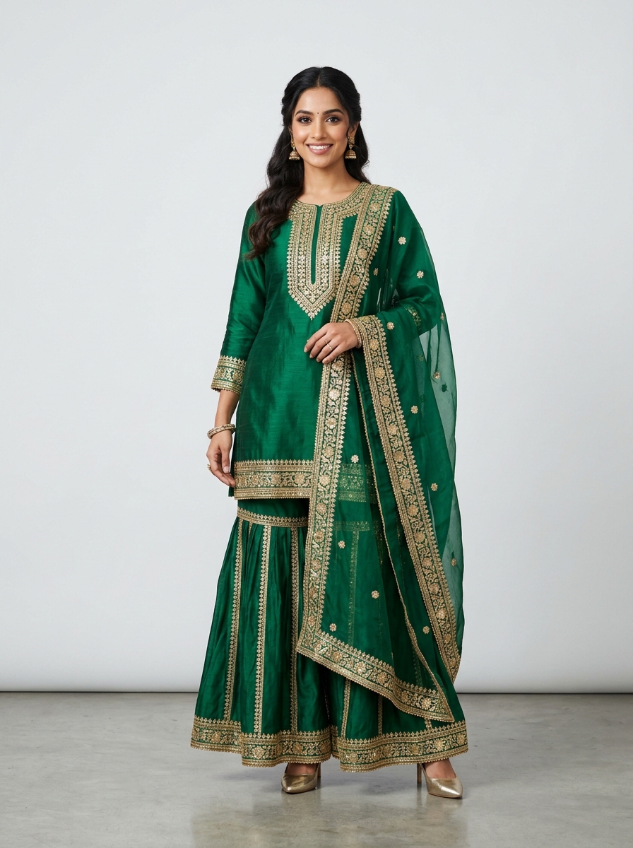 Emerald Green Silk Flared Gharara Suit Set