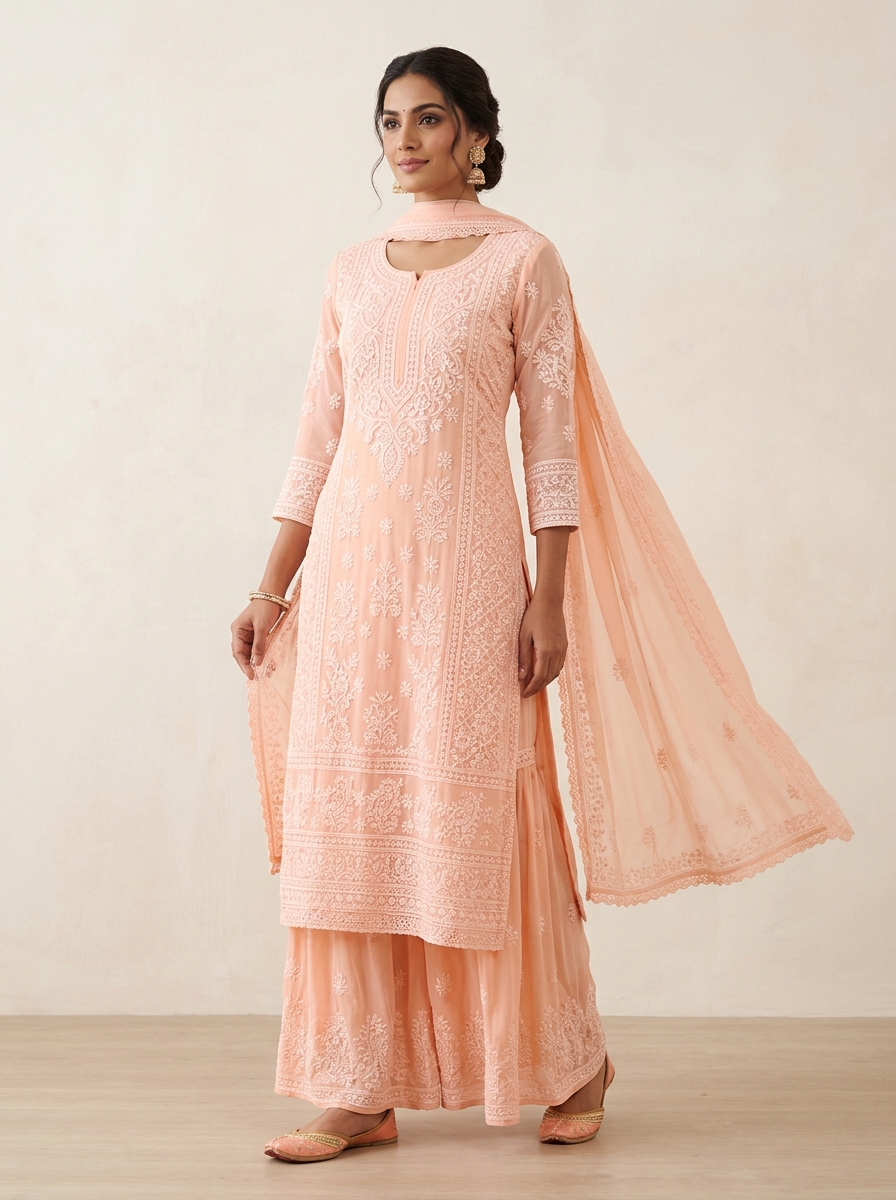 Pastel Peach Chikankari Lucknowi Kurta Palazzo Set